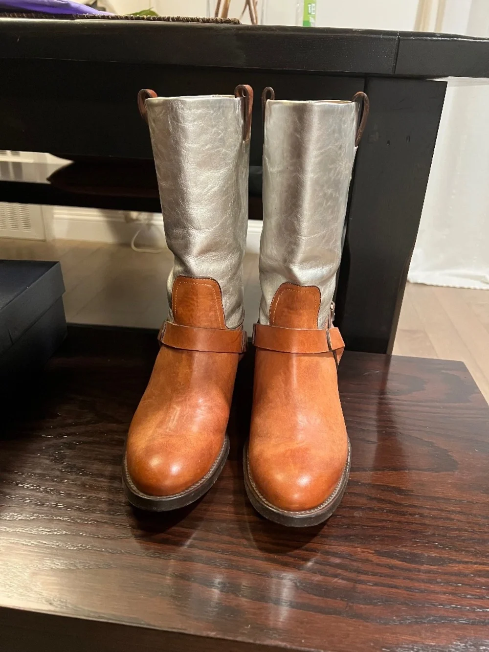 NEW Ralph Lauren Purple Label Silver and Ten Leather Boots Sz. 8 1/2 - Picture 2 of 13